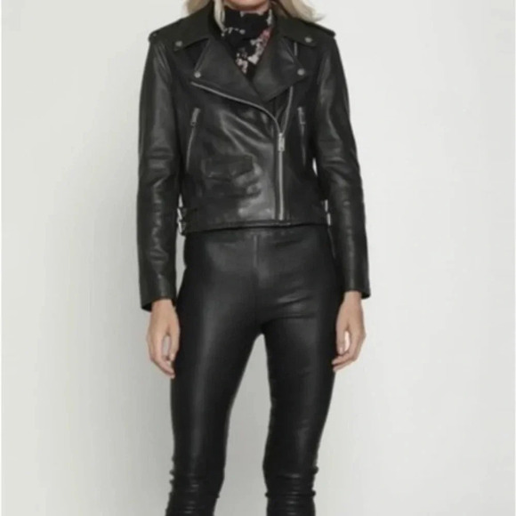 WALTER BAKER Liz Lamb Leather Crop Moto Jacket Black Size Medium ($698) B1685 - Picture 2 of 6
